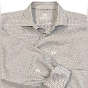Bugatchi Uomo Grid Check Plaid Cotton Gray Button Down Mens 17 34/35
